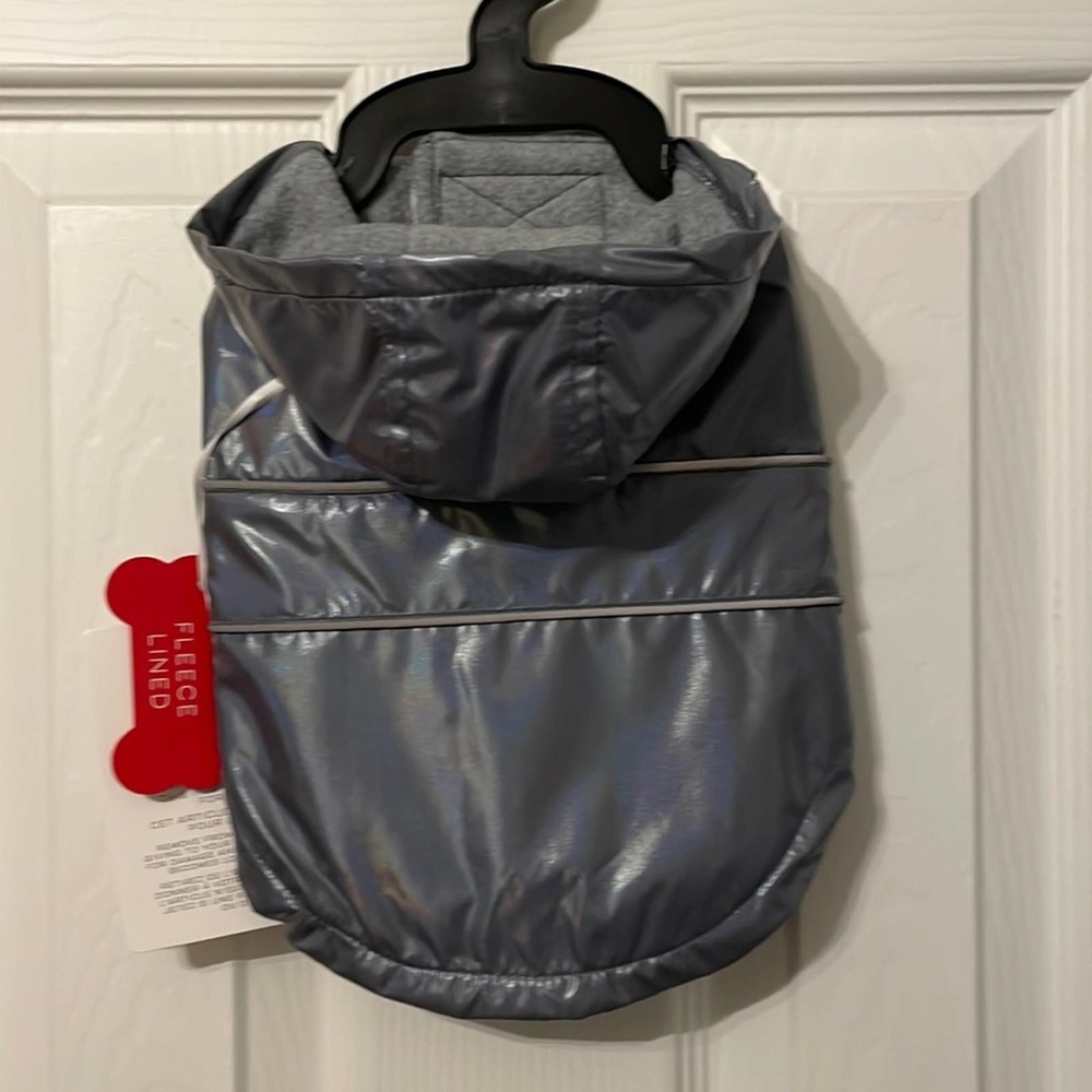 Dog jacket Iridescent reflective, hood, fleece lined hook & loop close XS or S